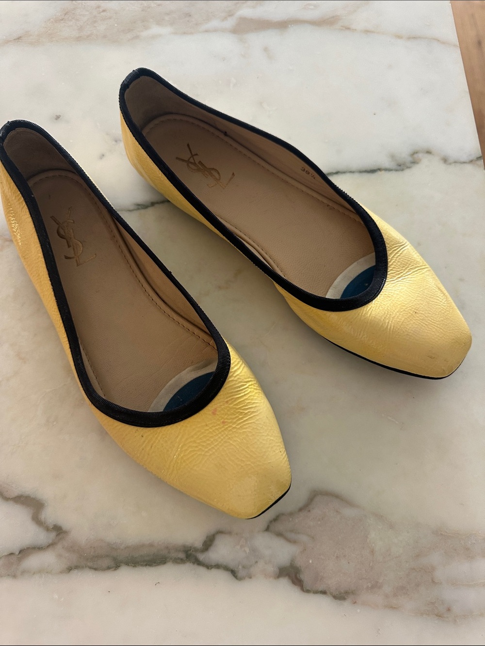 Yves Saint Laurent Yellow Leather Ballet Flats with Black Trim